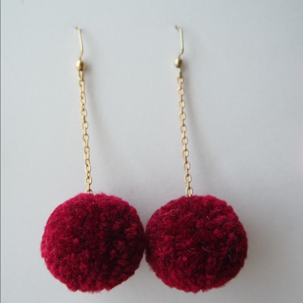 Red Burgundy Pom Pom Dangle Earrings Nickel Free - Picture 2 of 5